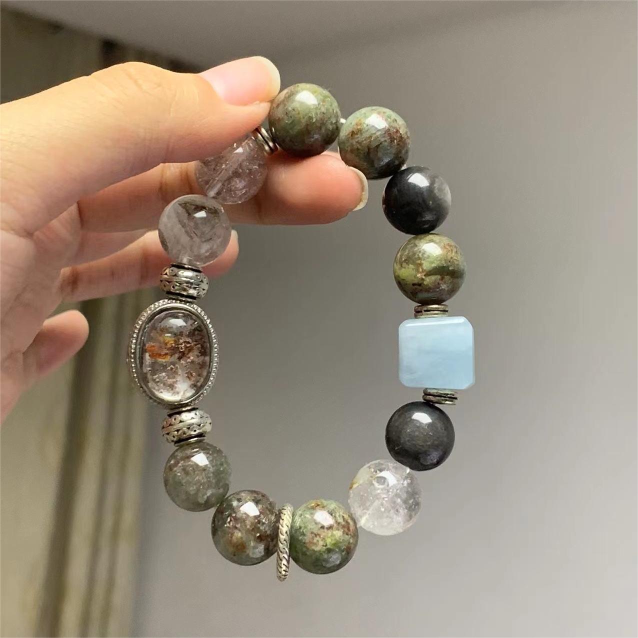 Natural Phantom Quartz & Aquamarine Green Bracelet