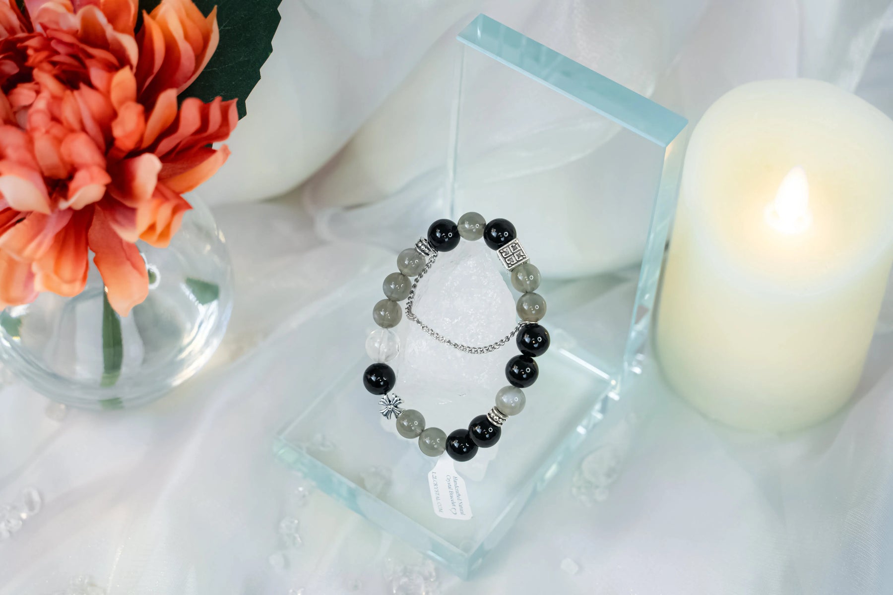 Silver Moonstone Obsidian Croix bracelet L2L Crystal