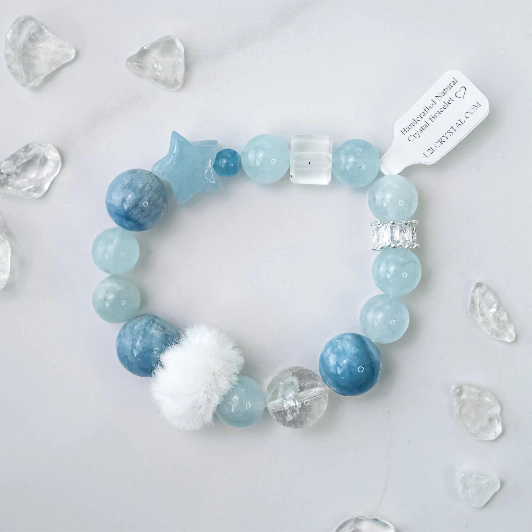 White Azeztulite Aquamarine Bracelet with Plush Ball