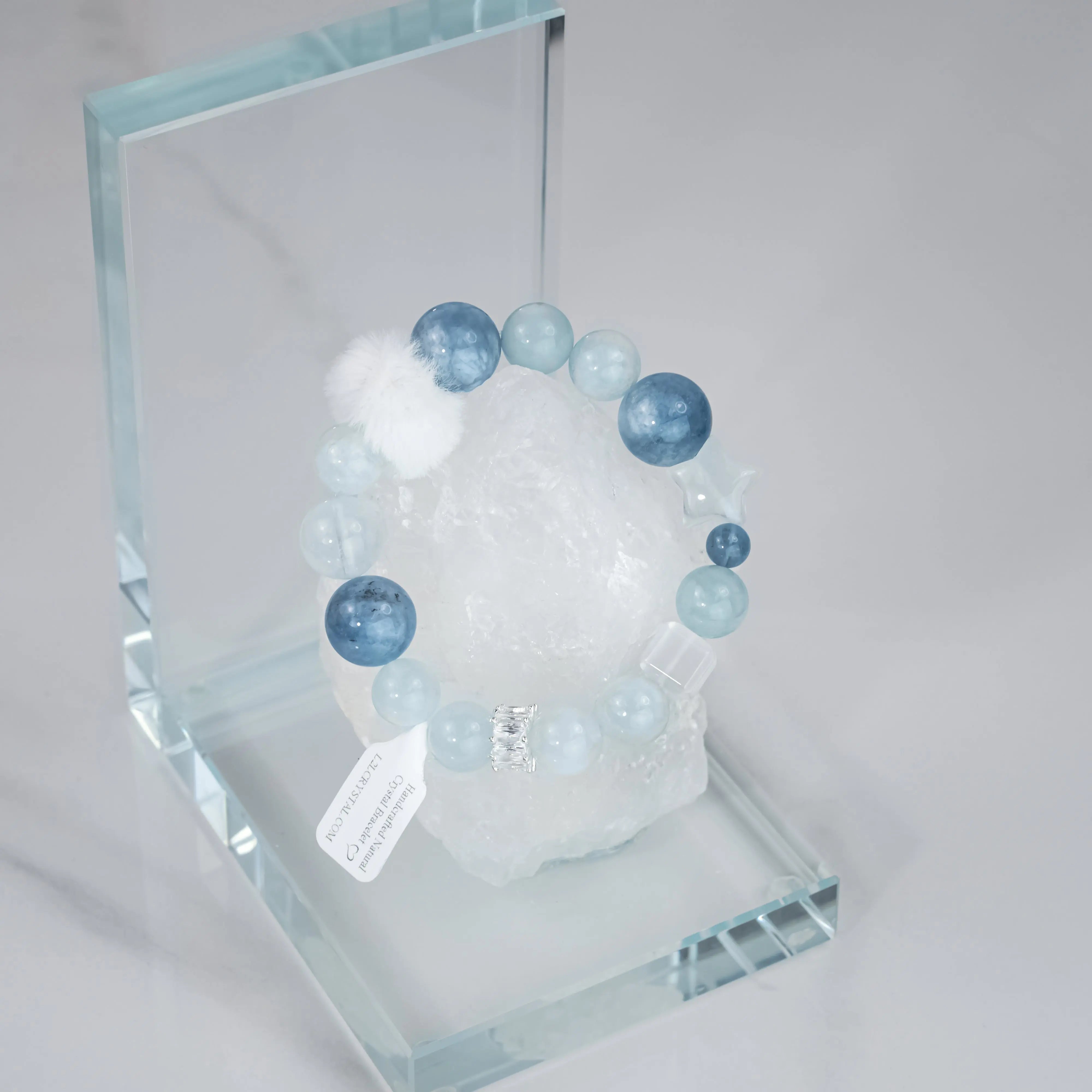 White Azeztulite Aquamarine Bracelet with Plush Ball L2L Crystal