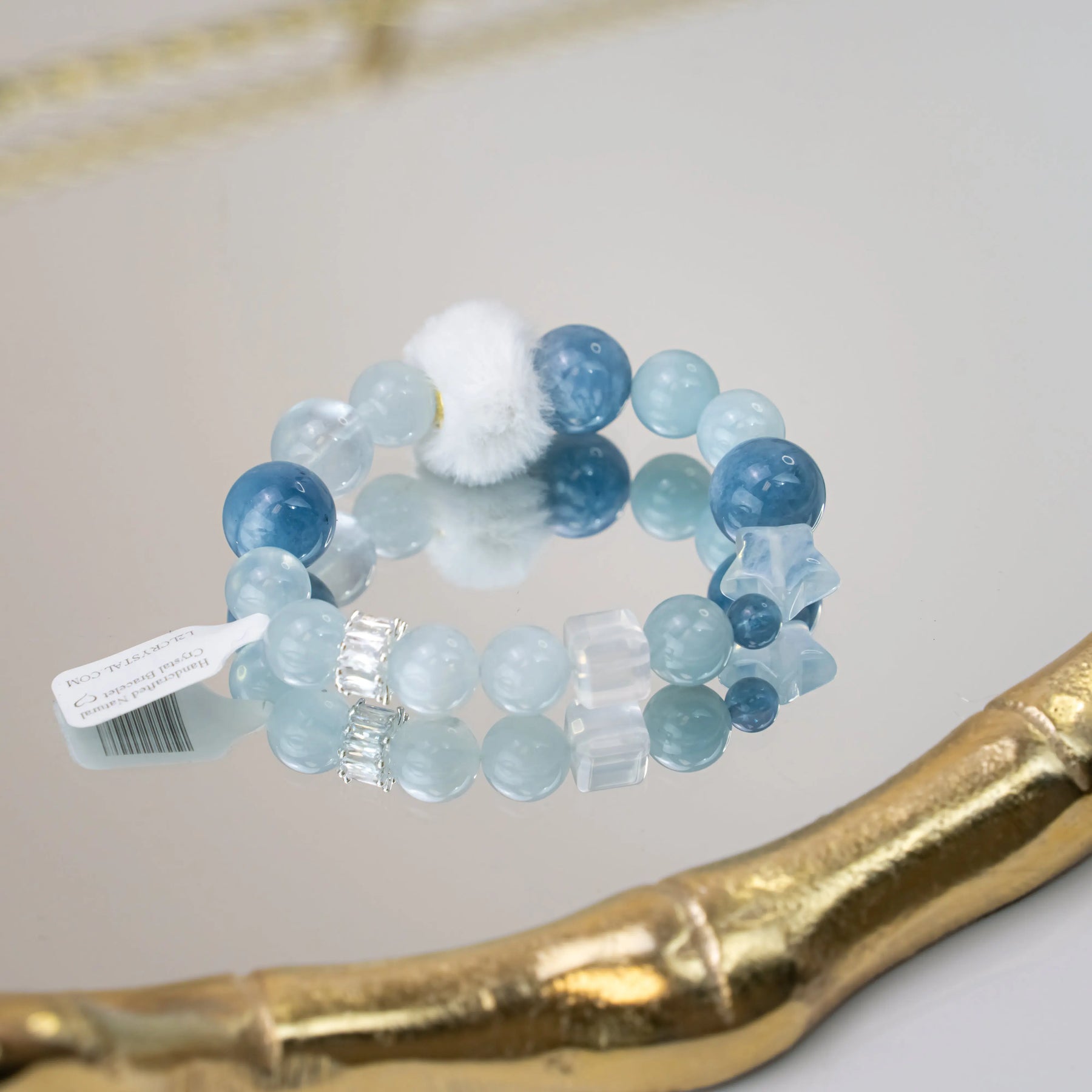 White Azeztulite Aquamarine Bracelet with Plush Ball L2L Crystal