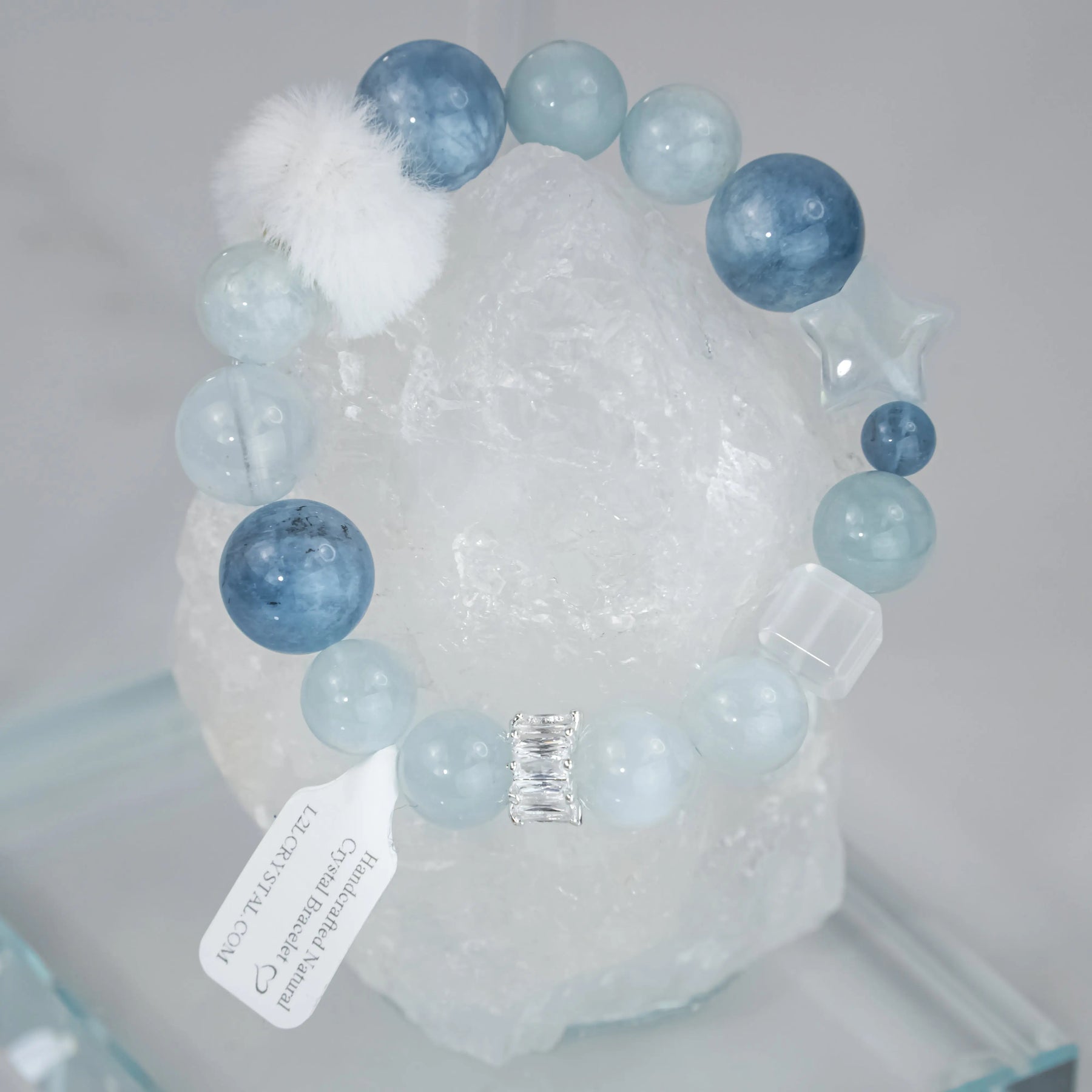 White Azeztulite Aquamarine Bracelet with Plush Ball L2L Crystal